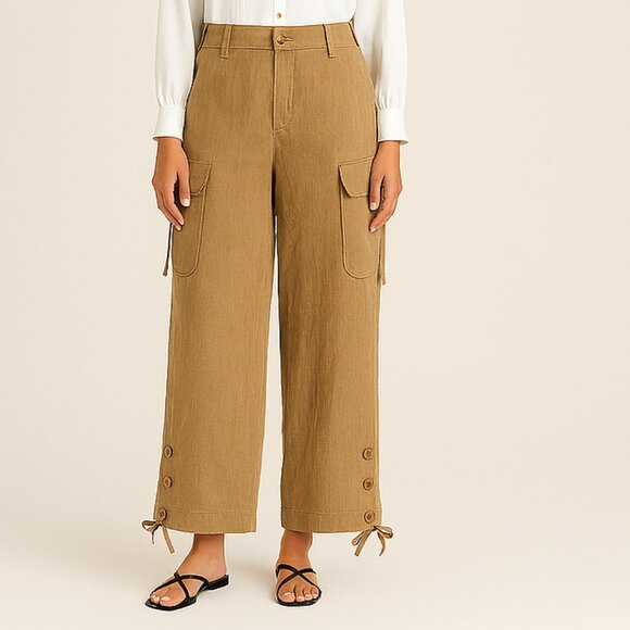 Ralph Lauren Womens Tan 100% Linen Drawstring Utility Cargo Safari Pants NWT - Picture 1 of 10